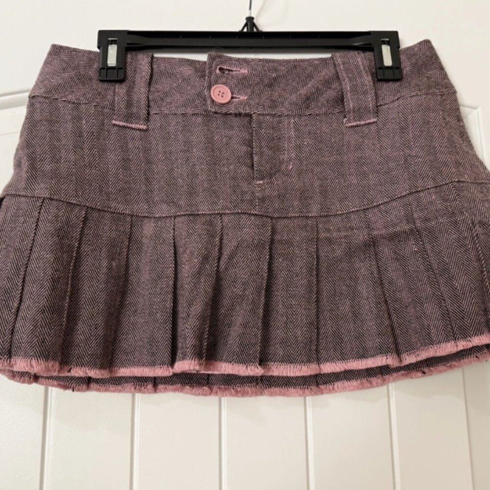 Y2K Pink and Black Herringbone Low Rise Pleated Mini Skirt